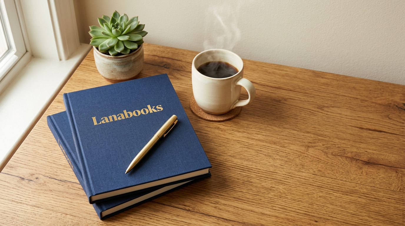 Accounting 24/7 Inc navy hardcover ledger on a wood desk with a gold pen and coffee